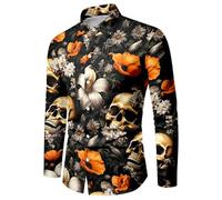 WAZHAKU Carnival Costume Men's Casual Shirt Skull Rose 3D Printed Long Sleeve Shirts Button Down Hawaiian Vintage with Stand-Up Collar Loose Beach Shirt Casual Shirt Hawaiian Shirt Pattern Long Sleeve