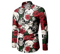 WAZHAKU Carnival Costume Men's Casual Shirt Skull Rose 3D Printed Long Sleeve Shirts Button Down Hawaiian Vintage with Stand-Up Collar Loose Beach Shirt Casual Shirt Hawaiian Shirt Pattern Long Sleeve