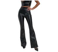 WAZHAKU Flared Trousers Women High Waist Bootcut Leather Trousers Leather Look Wide Leg Jeans Women's Leather Trousers Sexy Push Up Skinny PU Leggings Stretch Leather Look High Waist Faux Leather