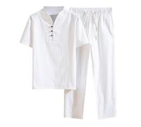 WAZHAKU Leisure Suit Lightweight Cotton Wash Zen Meditation Uniform Men's Martial Arts Set Tang Suit Short Sleeve Trousers, Chinese Hemp Coat, Chinese Kung Fu Tai Chi Martial Arts Clothing, White,