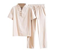 WAZHAKU Leisure Suit Lightweight Cotton Wash Zen Meditation Uniform Men's Martial Arts Set Tang Suit Short Sleeve Trousers, Chinese Hemp Coat, Chinese Kung Fu Tai Chi Martial Arts Clothing, khaki,