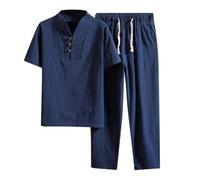 WAZHAKU Leisure Suit Lightweight Cotton Wash Zen Meditation Uniform Men's Martial Arts Set Tang Suit Short Sleeve Trousers, Chinese Hemp Coat, Chinese Kung Fu Tai Chi Martial Arts Clothing, navy, L