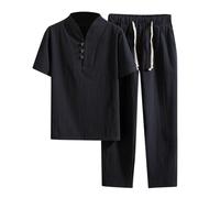 WAZHAKU Leisure Suit Lightweight Cotton Wash Zen Meditation Uniform Men's Martial Arts Set Tang Suit Short Sleeve Trousers, Chinese Hemp Coat, Chinese Kung Fu Tai Chi Martial Arts Clothing, black, L
