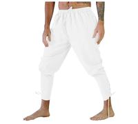 WAZHAKU Medieval Costume Men's Retro Ankle Pirate Trousers Comfortable Breathable Medieval Trousers Vintage Linen Pants Viking Sweat-Absorbing Medieval Clothing Steampunk Gothic Trousers, White, L