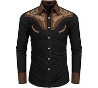 WAZHAKU Men's Black Slim Fit Long Sleeve Cowboy Print Western Style Button-Down Shirt, M
