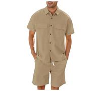 WAZHAKU Men's Cargo Suit 2-Piece Shirt Shorts with Chest Pocket Outdoor Slim Fit Cool Short Sleeve Leisure Jogging Suit Khaki, L