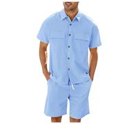 WAZHAKU Men's Cargo Suit 2-Piece Shirts Shorts with Chest Pocket Outdoor Shirt Slim Fit Cool Short Sleeve Suit Summer Suit Men Safari Shirt Outdoor Suit Leisure Suit Jogging Suit Streetwear, blue,