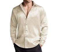 WAZHAKU Men's Imitation Silk Fabric Shirt with Floral Shirts Long Sleeve Floral Pattern Casual Shirt Satin Button Down Casual Shirts Fashion Shirt for Men Party Bar Wedding Prom Shirt, beige, S