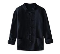WAZHAKU Men's Linen Cotton Regular Fit Long Sleeve Stand-Up Collar Breathable Summer Casual Shirt
