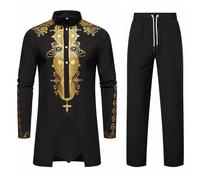 WAZHAKU Men's Middle East Thobe with Trousers - Men's Muslim Long Sleeve Loose Kaftan Dubai Arab Clothing Islamic Costume African Dashiki for Suits Outfits African 2-Piece Men's Set, black, M