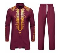 WAZHAKU Men's Middle East Thobe with Trousers - Men's Muslim Long Sleeve Loose Kaftan Dubai Arab Clothing Islamic Costume African Dashiki for Suits Outfits African 2-Piece Men's Set, red, XL