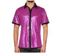 WAZHAKU Men's Pink Metallic Shiny Top Short Sleeve V-Neck Disco Sequins Polo Shirt Muscle Shirt 70s 80s Costume Disco Shirt Wet Look Shiny Sequins Outfit, M