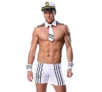 WAZHAKU Men's Sexy Underwear Sailor Costume Adult Outfits Marine Uniform Lingerie Men's Waiter Outfit Bartender Costume Erotic Men's Set with Shorts Hat Cuffs and Collar, White, One Size