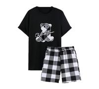 WAZHAKU Men's Short Pyjamas Men's Nightwear Crew Neck Pyjama Set Short Bear Pattern T-Shirt + Checked Pyjama Bottoms Leisure Suit Cotton Sleepwear Sports Suit Sleepwear Loungewear, black, XXL