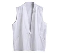 WAZHAKU Men's Training Vest Traditional Chinese Handmade Tangzhuang Style Martial Arts Kung Fu Tai Chi Qi Gong Wushu Taekwondo Uniform V-Neck Sports Tank Top Clothing for Men, White, XL