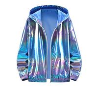 WAZHAKU Sequin Jacket Men's Hooded Jacket Sweat Jacket Metallic Jackets 80s Glitter Windbreaker Vintage Shimmering Sun Protection Colourful Pilot Jacket Sports Jacket Shiny Reflective, 02 Blue, XXL