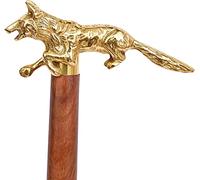 Waziha Nautical Brass Fox Handle Walking Stick Cane Shaft Wood Cane Handle Vintage Stick Three FOLD Shaft Men & Women Useing for Party Wear & Decorative Gifts, gold, 37''