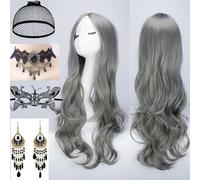 Waziwe Long Grey Wig for Women, 68 cm, Synthetic Fibres, Long Hair Wig with Hair Net for Halloween Costume, Women, Cosplay, Masquerade, Carnival, Christmas, Fancy Dress (Grey)