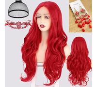 Waziwe Long Red Wig for Women, 68 cm, Synthetic Fibres, Long Hair Wig with Hair Net for Halloween Costume, Women, Cosplay, Masquerade, Carnival, Christmas, Fancy Dress (Red)
