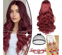 Waziwe Long Red Wine Wig for Women, 68 cm, Synthetic Fibres, Long Hair Wig with Hair Net for Halloween Costume, Women, Cosplay, Masquerade, Carnival, Christmas, Fancy Dress (Red Wine)