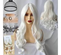 Waziwe Long White Wig for Women, 68 cm, Synthetic Fibres, Long Hair Wig with Hair Net for Halloween Costume, Women, Cosplay, Masquerade, Carnival, Christmas, Fancy Dress (White)