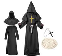 waziwe Monk's Costume, Priest Costume Men, Robe, Medieval Monk Coat, Halloween, Carnival, Fancy Dress Costume Men's with Hood and Rope Belt (Black, XL)