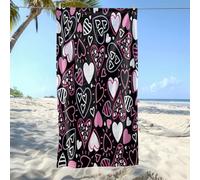 Wazylphin Beach Towel Pink Heart Black Travel Bath Towel Microfibre Lightweight Bathroom Large Beach Towels For Adults Sand Free Bath Sheets Quick Dry For Swimming Pool Holiday Gym Sport 100x200cm