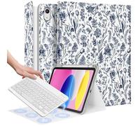 Wazzasoft for iPad 10th Generation Case with Keyboard - for iPad A16 Cases Pencil Holder 10.9 Inch Cover Women Girl Cute Girly Blue Floral Unique Design Funda for Apple Tablet 10th/11th gen