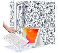 Wazzasoft for iPad 9th/8th/7th/Air 3rd Generation/Pro 10.5 Inch Case Keyboard Pencil Holder Folio Tablet Cover Women Girl Cute Girly Teen Kawaii Blue Floral Unique Design for Apple 10.2 & 10.5 Inch