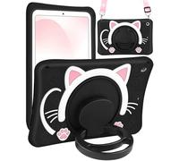 Wazzasoft for iPad 9th/8th/7th Generation Case 10.2 Inch Girls Cute Black Cat Cover Kawaii Girly Cartoon with Rotating Handle Stand & Strap Soft Silicone Funda for Apple iPad Cases 9th/8th/7th Gen
