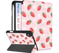 Wazzasoft for iPad Mini 7 Case - for iPad Mini 6th/7th Generation Cases Women Girl Cute Folio Cover Girly Strawberry Design Unique Pencil Holder for Apple Mini 6 2021/Mini 7 A17 Pro 2024 Case 8.3 Inch