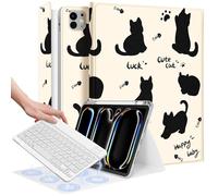 Wazzasoft for iPad Pro 11 inch Case 2024 M4 with Keyboard - Pencil Holder Folio Tablet Cover Women Girl Cute Kawaii Black Cat Unique Design for Apple Pro 11 A2925 A2926 A3007