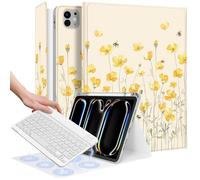 Wazzasoft for iPad Pro 11 inch Case with Keyboard M4 - Pencil Holder Folio Women Girls Cute Kawaii Unique Design for Apple Tablet Cover Pro 11 2024, Yellow Flower