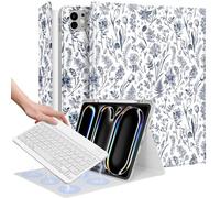 Wazzasoft for iPad Pro 13 inch Case 2024 M4 with Keyboard - Pencil Holder Folio Tablet Cover Women Girl Cute Teen Blue Floral Unique Design for Apple Pro 13 A2925 A2926 A3007