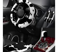 Wazzh 6PCS Set car Interior Aesthetic Accessories, Fluffy Cute Cows Steering Wheel Cover, armrest pad, seat Belt Cover,Gear Shift Cover, Fit Girly car