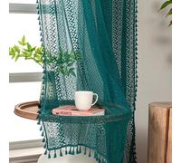 WAZZIO Boho Cotton Crochet Lace Curtains, 84 Inches Long, Semi Sheer, Light Filtering, Teal, 2 Panel for Bedroom & Living Room