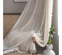 WAZZIO Boho Lace Curtains with Tassel,Vintage Geometric Neutral Curtains 63 inch Length 2 Panel Rod Pocket Crochet Privcy Curtain let Light in Beige Sheer Boho Sheers for Bedroom Living Room,Cream