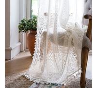 WAZZIO Cotton Crochet Semi Sheer Curtains 45 inch Length,Rod Pocket Farmhouse Privacy Lace Curtain Tassel Bohemian Short Curtains for Bedroom Living Room - Off White