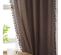 WAZZIO Cotton Sheer Brown Curtains 84 Inch Length 2 Panels Rod Pocket Tassel Boho Crochet Lace Light Blue Bedroom Living Room See Through Privacy for Boys Room