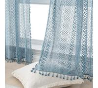 WAZZIO Cotton Sheer Slate Blue Curtains - 63 Inch Length, 2 Panels Rod Pocket Tassel Boho Crochet Lace Curtains for Light Blue Bedroom & Living Room Privacy