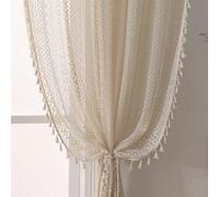 WAZZIO Farmhouse Crocheted Curtains Vintage Geometric Lace Drapes 63 inch Length 2 Panel Sets, Boho Beige Rod Pocket Drapes Tassel Macrame Curtains for Bedroom Living Room Bay Kids