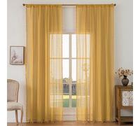 WAZZIO Pale Yellow Sheer Curtains 72 Inch Length,Rod Pocket Semi Sheer Privacy Cotton Blend Crochet Lace Curtain Vintage Bright Color Striped Tassel Mesh Curtains & Drapes for Bedroom Dining Room