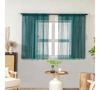 WAZZIO Teal Kitchen Sheer Cafe Curtains 45 Inch Length Boho Cotton Crochet Lace Tassel Rod Pocket Light Filtering Drapes for Bathroom 2 Panel, Turquoise