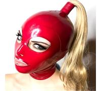 WBAODAN Adult Handmade Red Latex Hood Mask with Ponytail Wig Natural Unisex Cover for Halloween Party Club Wear Costumes Ball(Size:L-60CM)