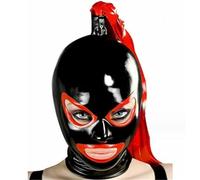 WBAODAN Aldult Handmade Black Latex Hood Mask with Ponytail Wig Natural Latex Mask Unisex Hood Cover(Size:M-57CM)