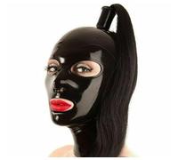 WBAODAN Aldult Handmade Black Latex Hood Mask With Ponytail Wig Natural Latex Mask Unisex Hood Cover(Size:XS-48.5CM,Color:Black)
