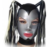 WBAODAN Black Latex Hood with Ponytail Wig Back Zipper Rubber Mask for Party Nightclub Prom Cosplay Fetish(Size:S-53CM)