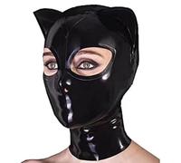 WBAODAN Rubber Hat Cat Ears Cosplay Adult Latex Hood Mask Headdress with Back Zipper for Halloween Party Club Wear Costumes Ball Black Open Eys(Size:XS-60CM)