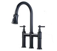 WBBAYDRFR Pull-Down Kitchen Faucets, Brass Swivel Sink Faucet with Three Function Pull Out Sprayer, Dual Handle Hot and Cold Water Mixer Tap, Hole,Black(Nero)