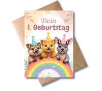 WBdesignz 1st Birthday Card with Envelope - Cute Greeting Card with Three Happy Animals on Rainbow, Party Hats - Quokka, Kangaroo, Wombat - First Birthday for Girls & Boys (A6)